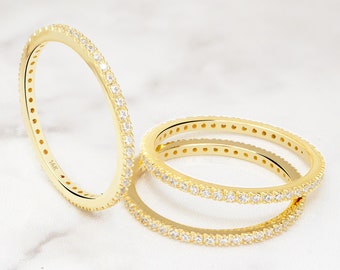 Thin Eternity Solid Gold Ring, Stackable Diamond Eternity Ring, Thin CZ 14k Gold Ring, Full Eternity Matching Band Ring Valentine’s Gift