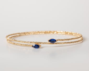 14K REAL Gold Open Bypass Bangle, Gemstone & Plain Ball End Cuff, Diamond Cut Bead Stacking Bracelet