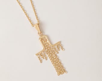 Solid Gold Tassel Cross Necklace, 14K 18K Dangle Chain Cross Pendant, Modern Fringe Cross Jewelry
