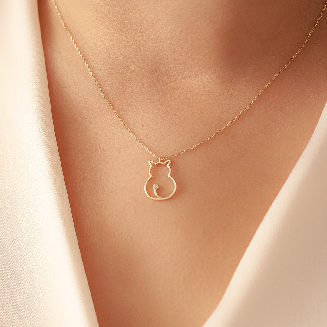 14k 18k Solid Gold Cat Diamond Necklace, Diamond Kitty Pendant Necklace