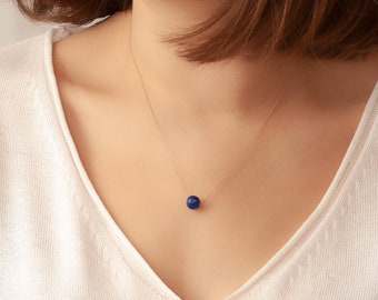 14k Solid Gold Lapis Ball Necklace, Single Bead Lapis Lazuli Gold Necklace, Lapis Drop 14k Gold Necklace, Dainty Gold Lapis Lazuli Necklace.