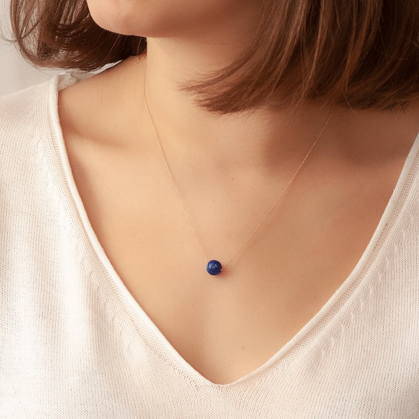14k Solid Gold Lapis Ball Necklace, Single Bead Lapis Lazuli Gold Necklace, Lapis Drop 14k Gold Necklace, Dainty Gold Lapis Lazuli Necklace.
