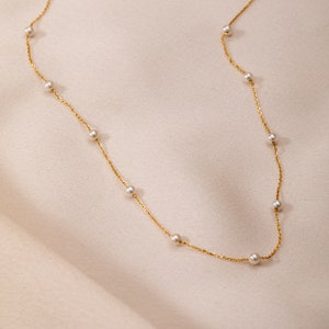 Multiple Pearls Necklace 14k 18k Solid Gold, Dainty Every Day Fresh Water Pearl Station Necklace, Perfect Beach Jewelry, Gift For Bridesmaid