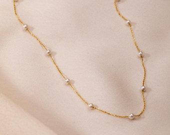 マルチパールネックレス 14K 18K ソリッドゴールド、上品な毎日使える淡水パールステーションネックレス、ビーチジュエリーに最適、ブライズメイドへのギフト