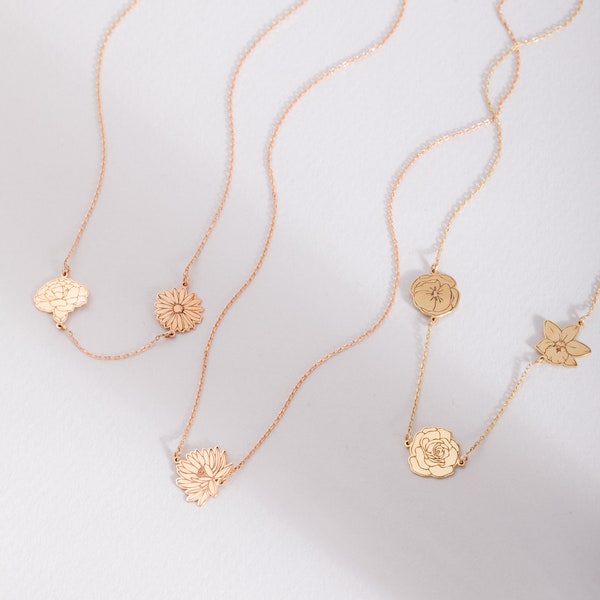 Multiple Birth Flower Necklace 14K 18K Solid Gold, Custom Floral Necklace, Mother Daughter Birthflower Necklace, Grandma Flower Necklace