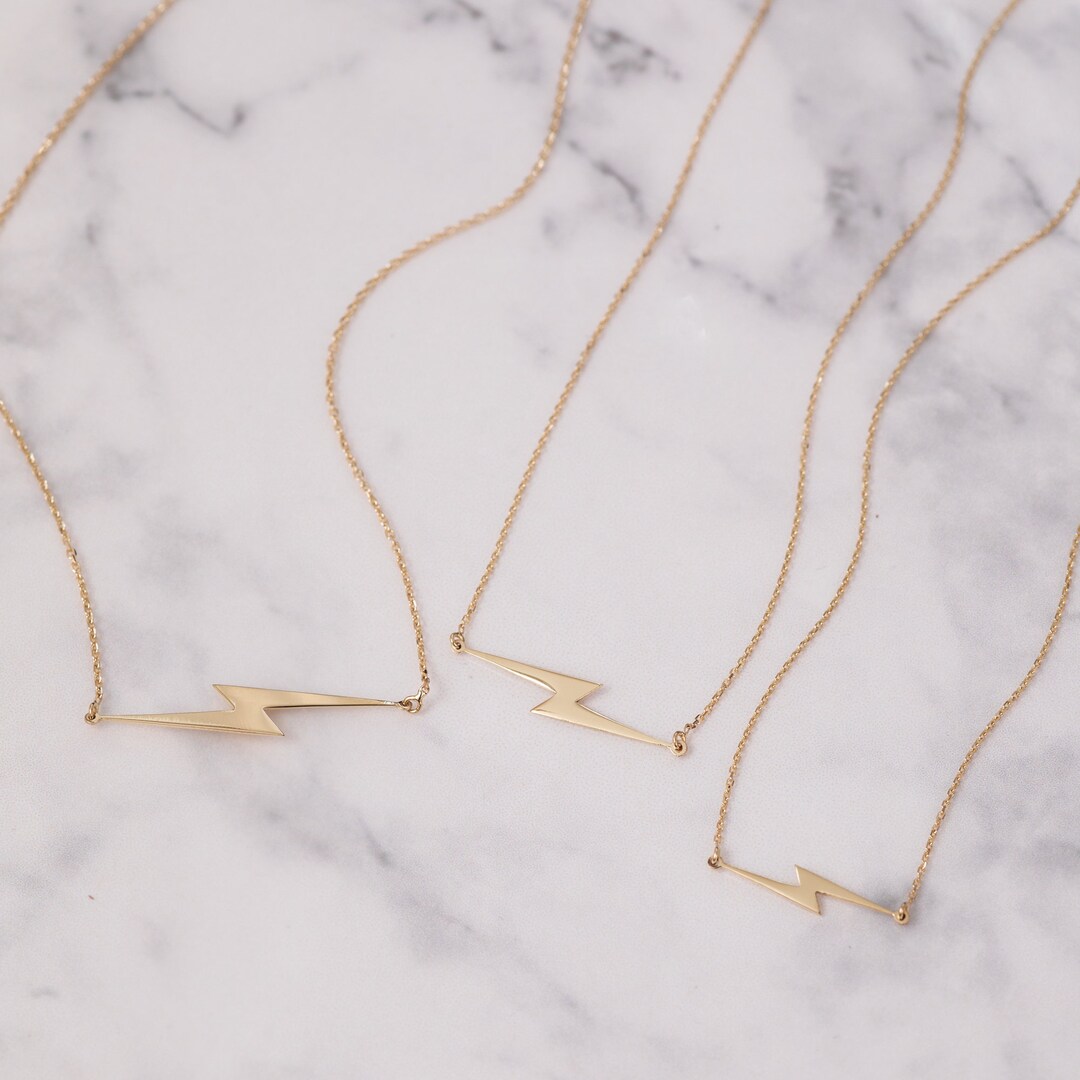 14k Solid Gold Lightning Bolt Necklace, Gold Choker Dainty Sideways