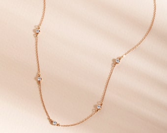Diamond Station Necklace in 14k 18k Solid Gold | 3 5 7 Stone Bezel Set Diamond Choker Necklace | Dainty Diamond by the Yard Necklace for Her