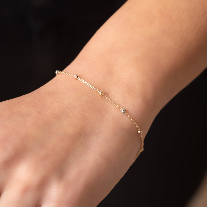 14k Solid Beaded Satellite Bracelet Gift For Mom /& Graduation Gift Yellow 14k Real Gold Round Ball Dainty Bracelet is Great Gift For Her