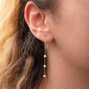 14K Solid Gold Thread Chain Pearl Earrings, White Pearl Dangle Earrings in 14K Real Gold, Freshwater Pearl Drop Earring, Great Gift For Her