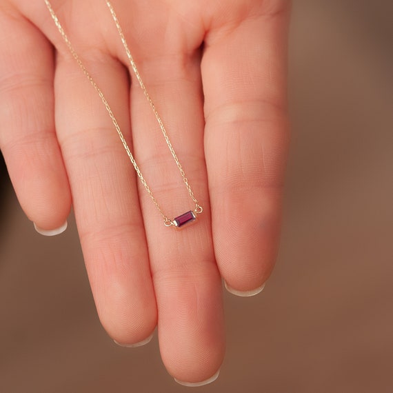 14k 18k Baguette Genuine Ruby Necklace Real Solid Gold Solitaire