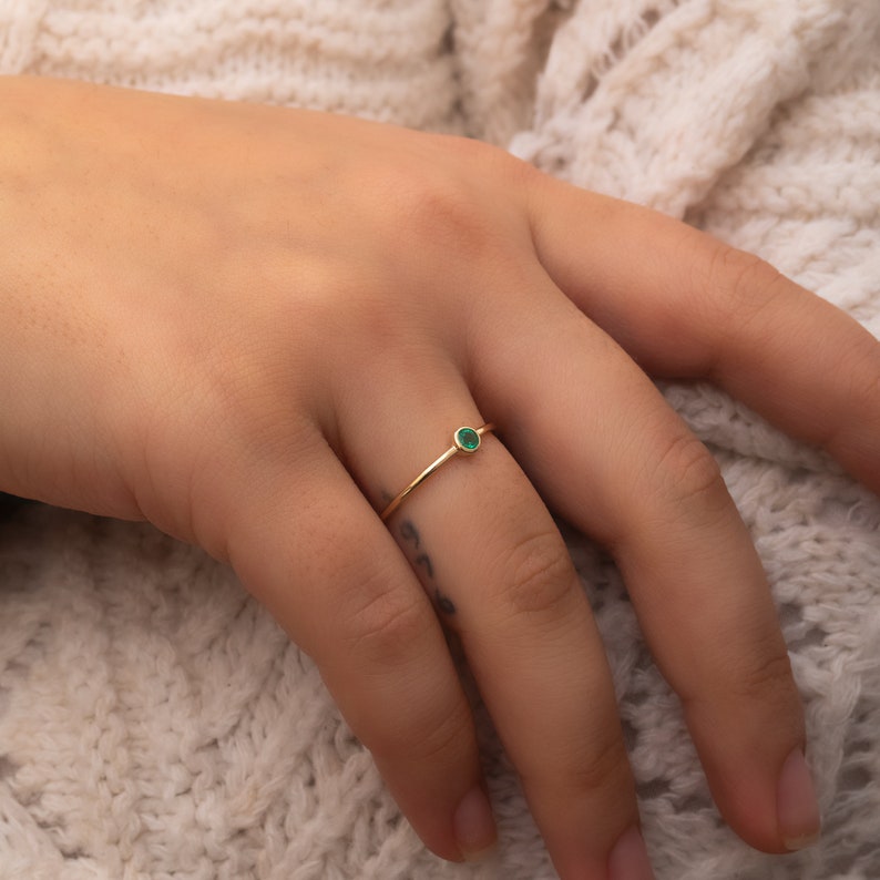 Emerald Solitaire Ring in 14k 18K Solid Gold, Bezel Set Round Emerald Engagement Gold Ring, Stacking Natural Emerald Ring Gift for Her image 4