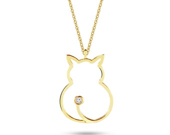 Tiny 14k 18k Solid Gold Cat Pendant Necklace, Cat Lover Gift for Her, Tiny Kitten Diamond Pendant Necklace, Gift for Animal Lovers Jewelry