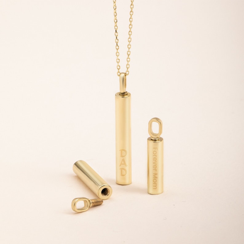 14k 18k Gold Cremation Urn Cylinder Bar Necklace, Memorial Bar Urn Custom Pendant, Cremation Ashes Necklace for Son Dad Mom or Loved ones. image 1