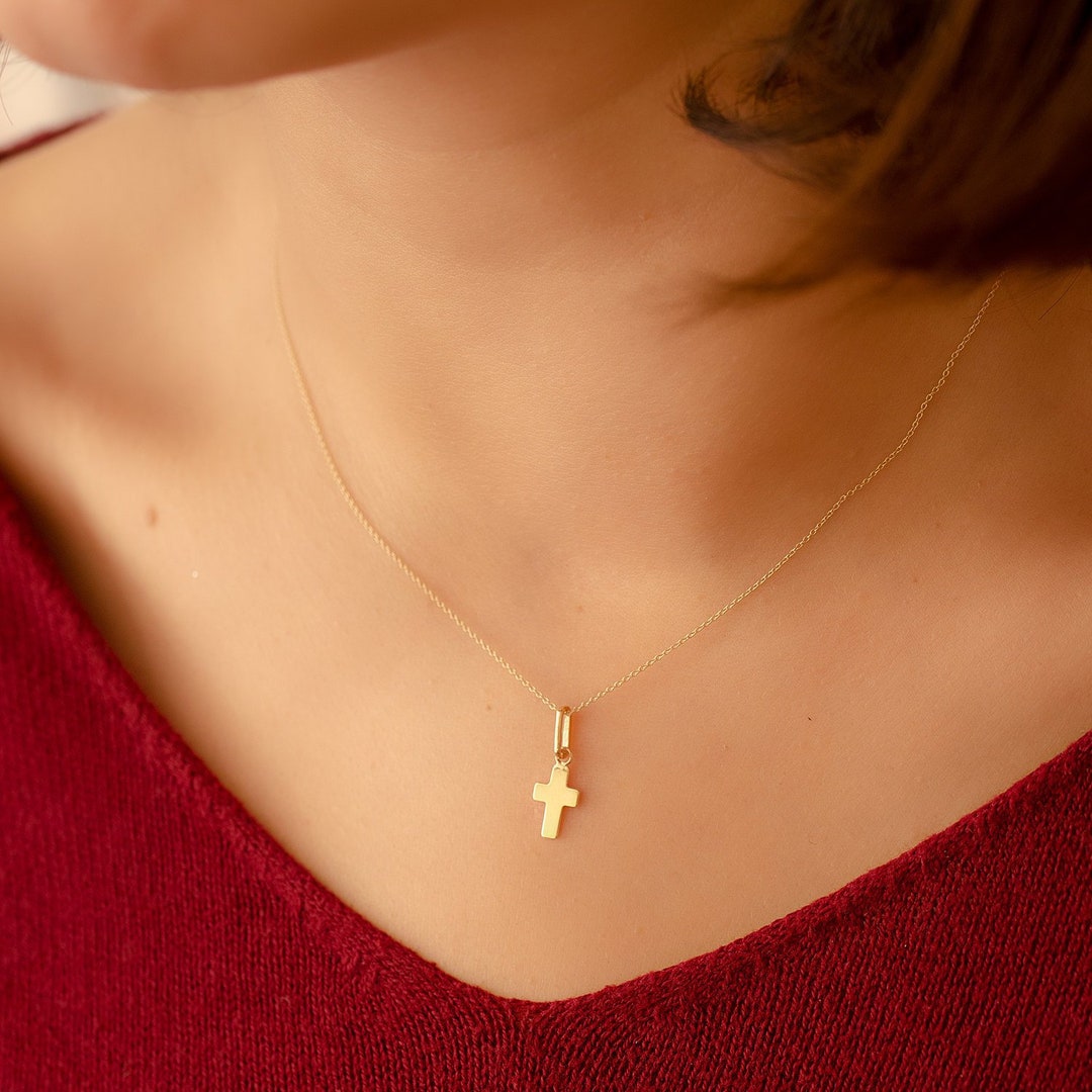 Handmade Tiny Cross Necklace Solid Gold, Cute Small Cross Charm