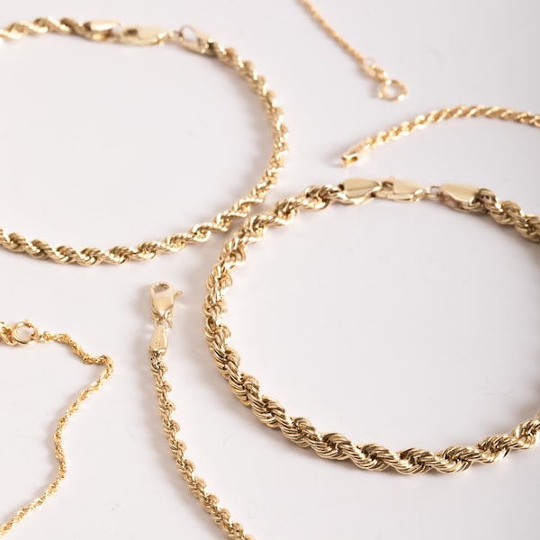 Genuine 14K Gold Rope Chain Bracelet, Yellow Gold Hollow Rope Chain, Men Woman Twist Rope Chain Bracelet