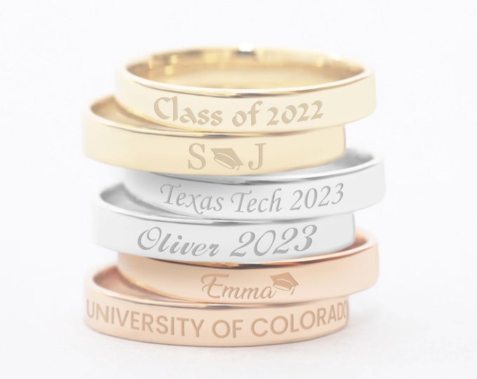 Personalized Class Ring 14k or 18k SOLID Gold, Class of 2023 Class of 2024 Class of 2026 Graduation Stackable Custom Engraved Band