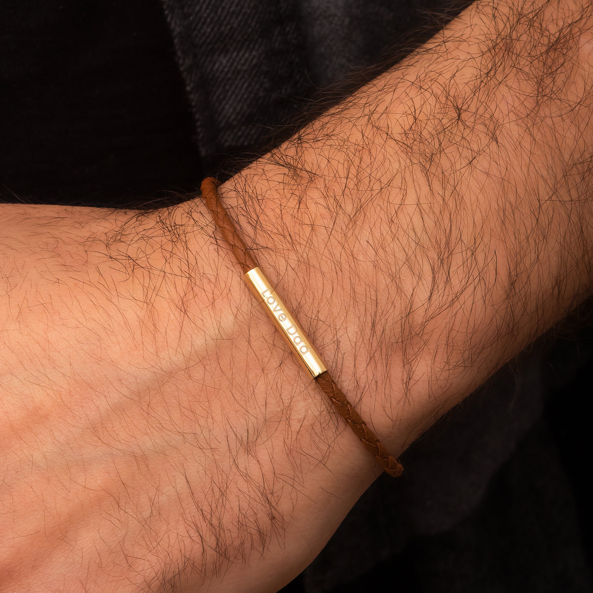 14K 18K Solid Gold Tube Braided Leather Bracelet, Custom