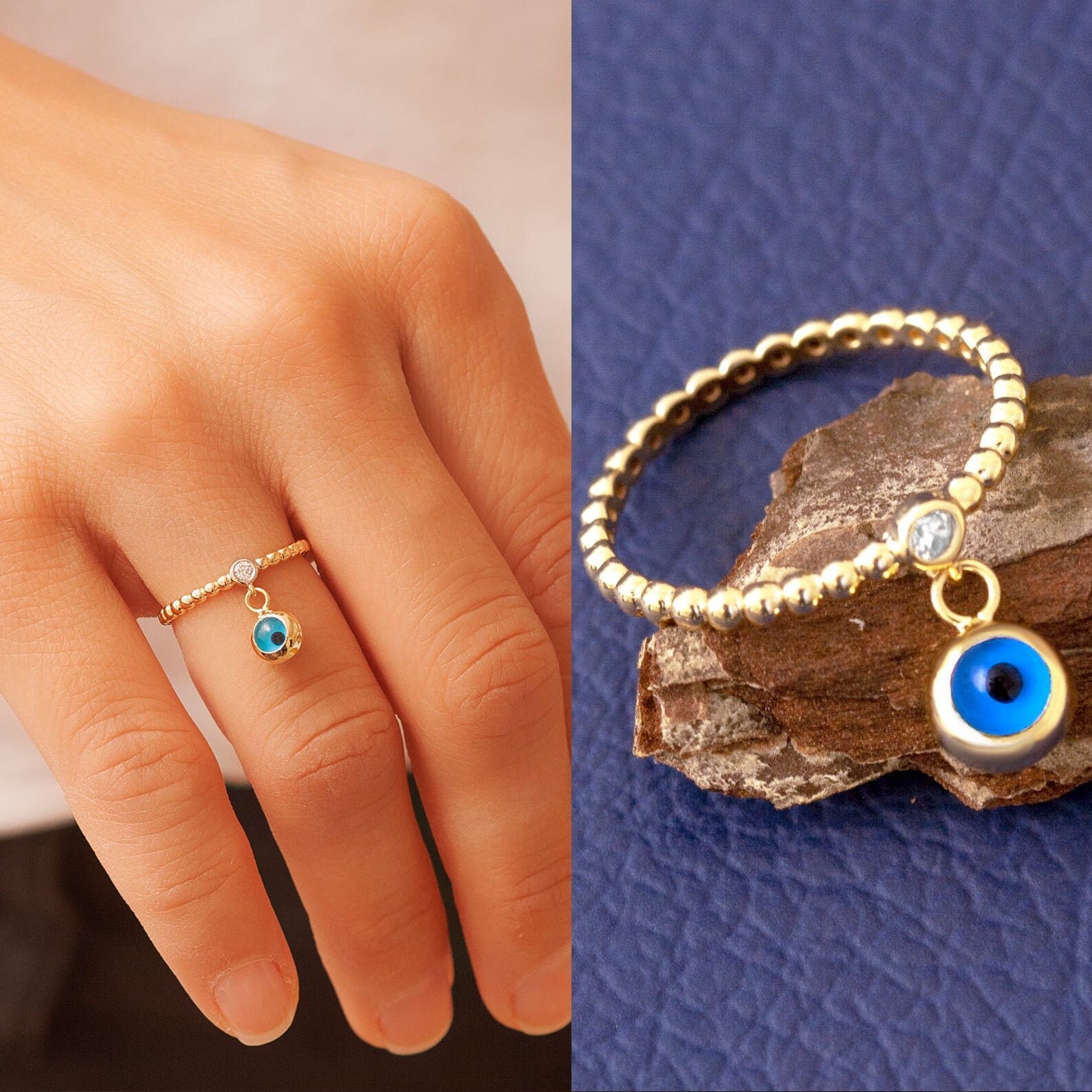 14K Solid Gold Evil Eye Diamond Ring Yellow Gold Ball Bead Evil