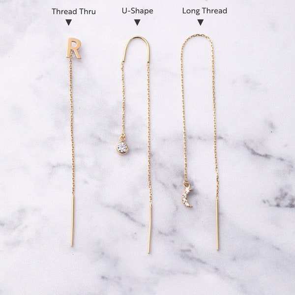 14k 18k Gold Charm Threader Earrings, Custom Letter Threader Bar Chain Earring, Initial Threader Earring, Long Chain Dangle Threader Earring