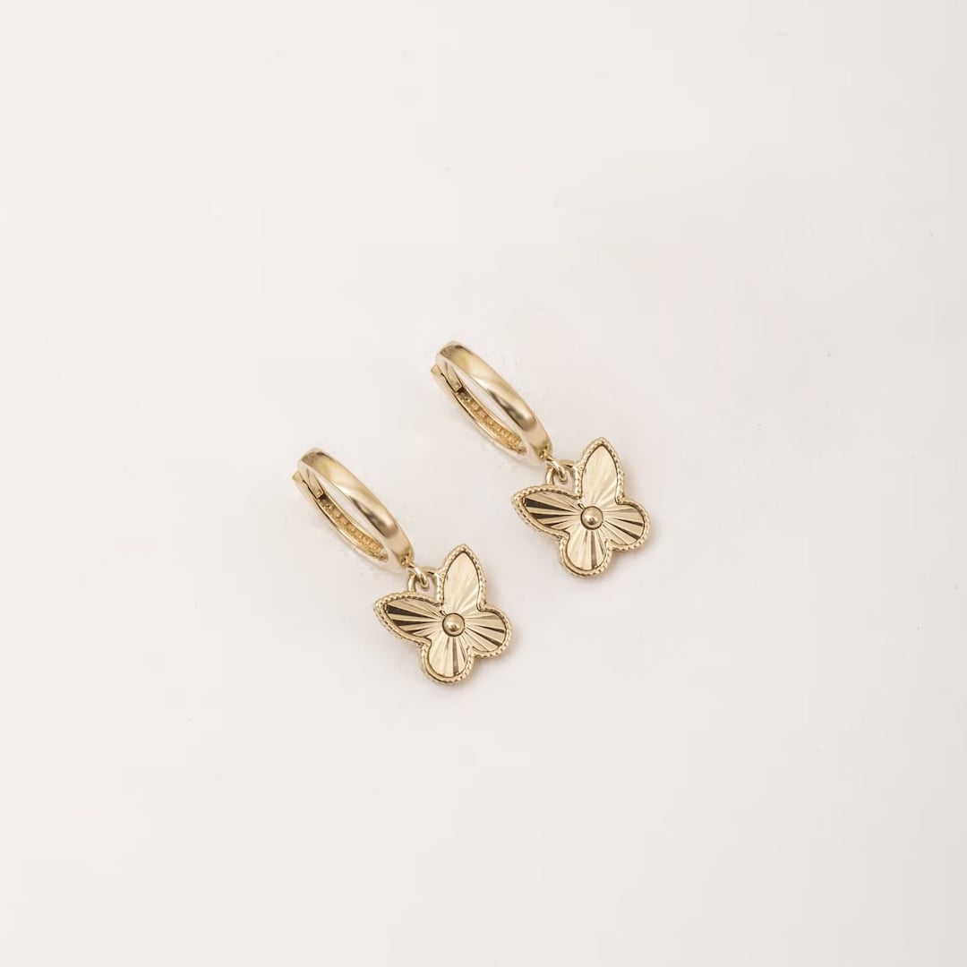 Fluted Butterfly Earrings 14K Solid Gold, Yellow Gold