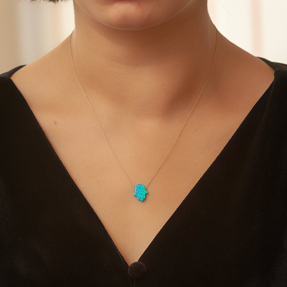 Blue Opal Hamsa Necklace With 14k Solid 