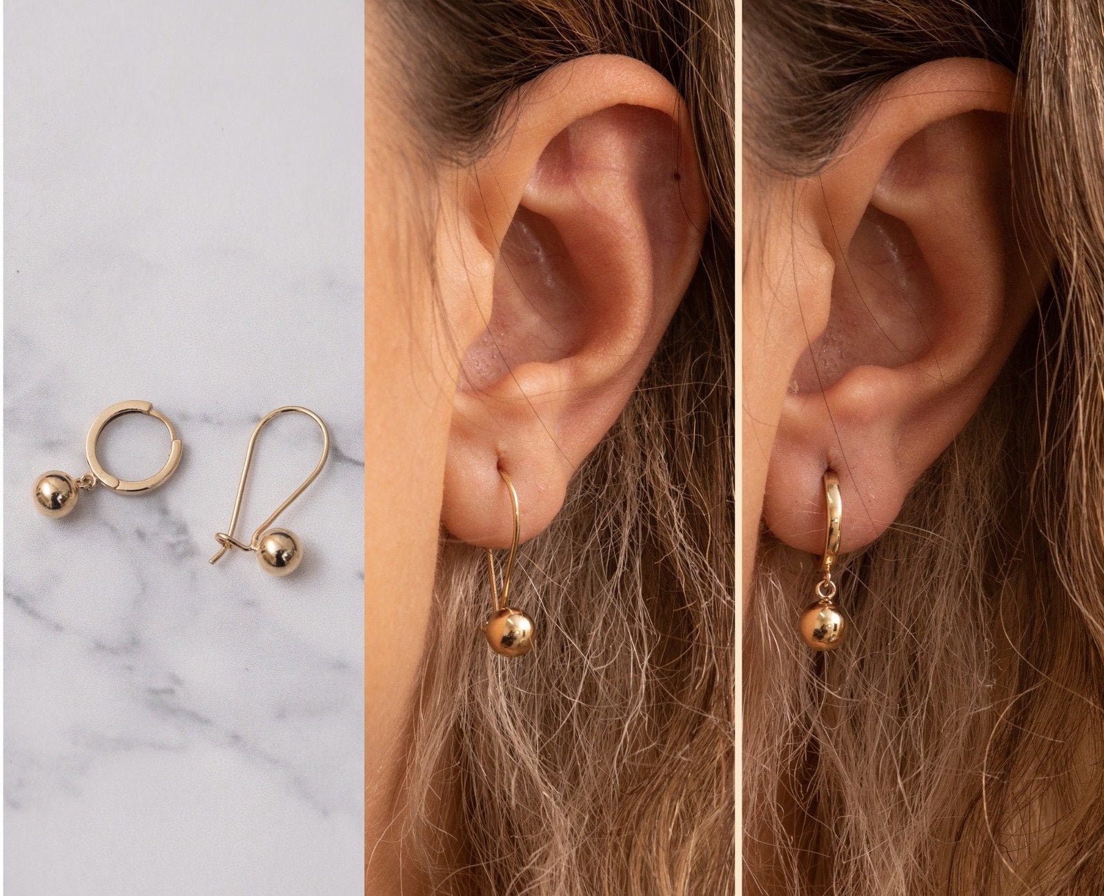 14K 18K 6mm Ball Earring Hanging Ball Earring Dangle Drop Ball Earring Hoop Ball Earring Round Sphere Ball Earrings
