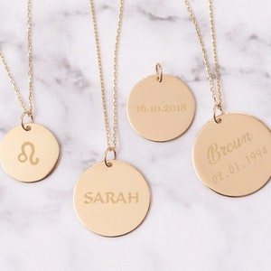 14K Solid Custom Grawerowany Dysk Naszyjnik, Spersonalizowany Delikatny Złoty Wisiorek Charm, Prawdziwe Złoto 2 Boczne Grawerowane Wielopłytkowe Wisiorki Prezent