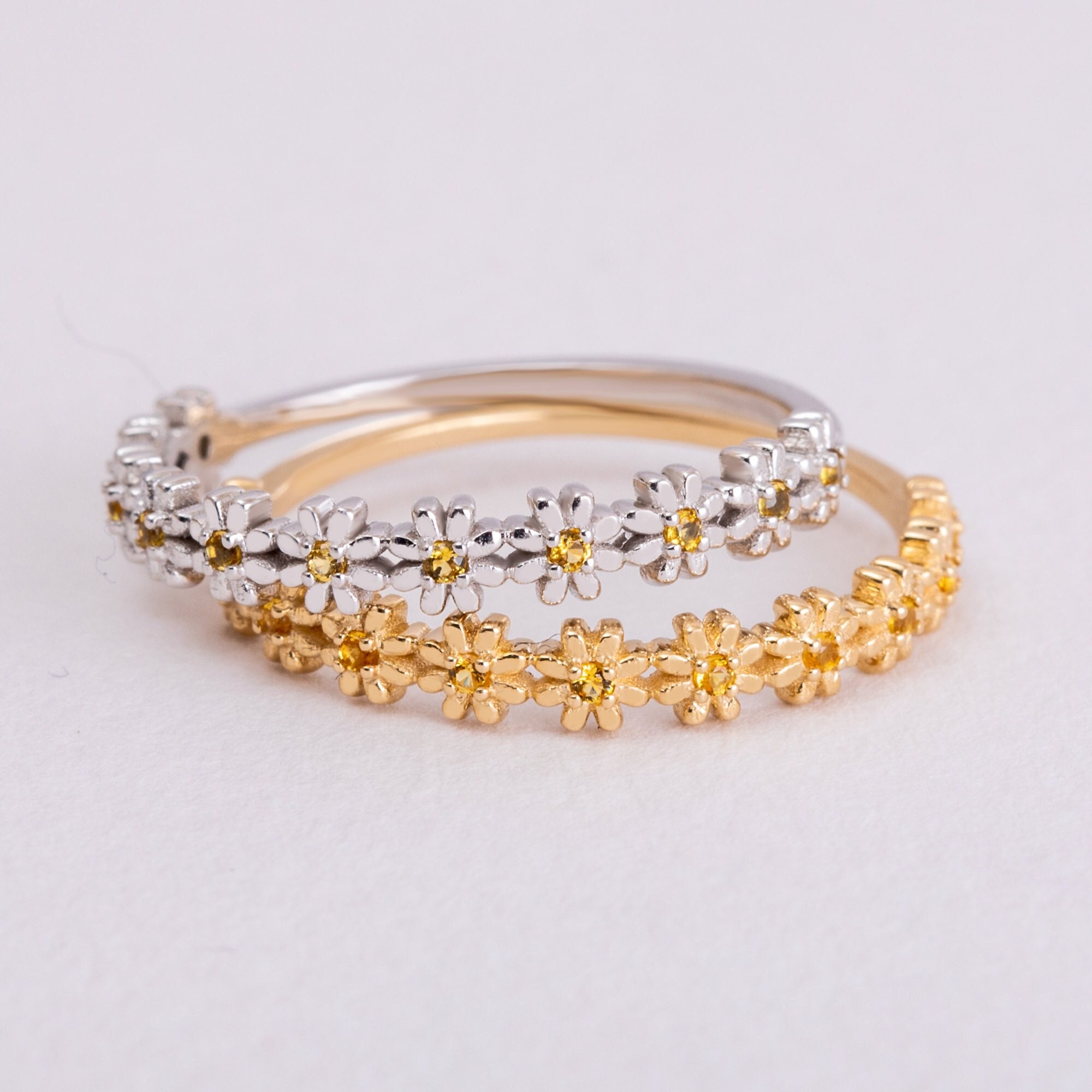 Solid Gold Daisy Ring, Beautiful Colorful Daisy Flowers Ring