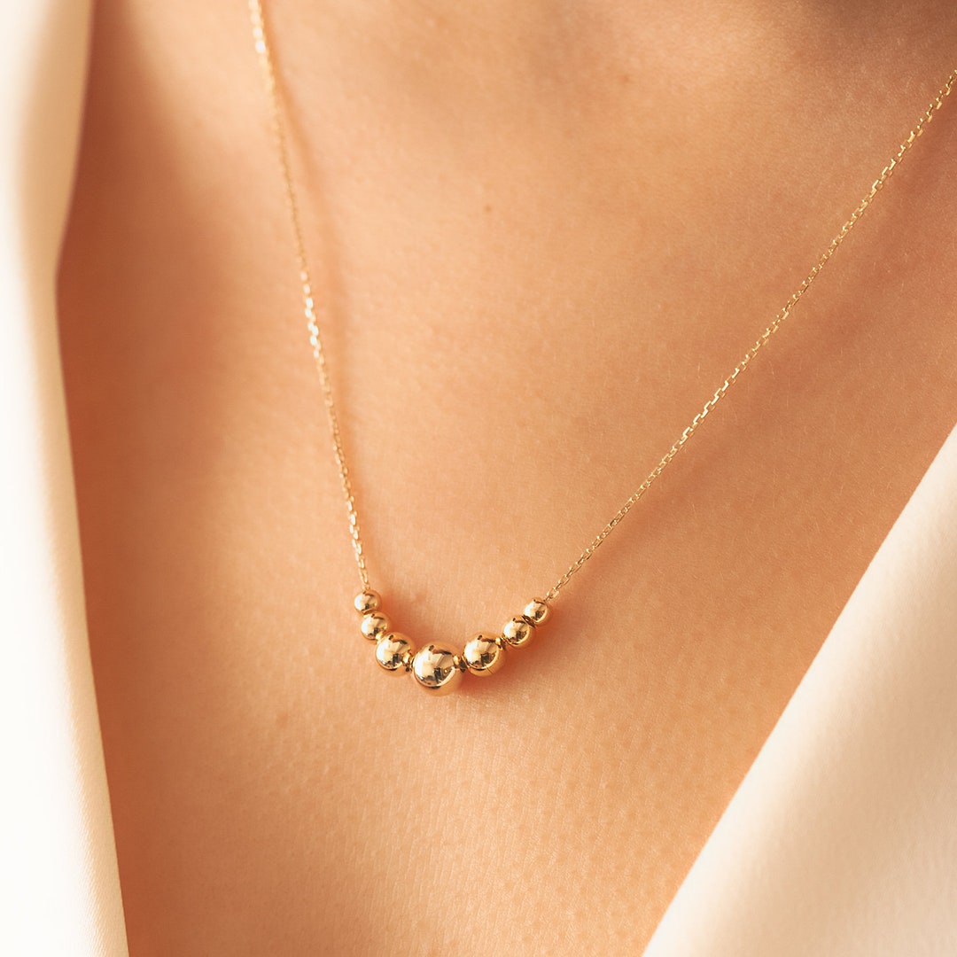 14k Solid Gold Shinning Ball Bead Necklace, Dainty Gold Balls Station Necklace. Gold Sphere