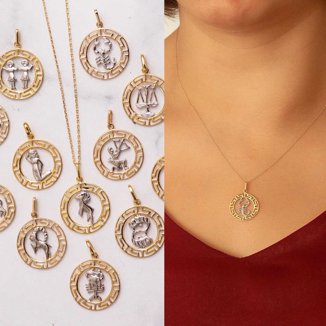 14k 18k Solid Gold Zodiac Sign Necklace Elegant Real Gold Zodiac