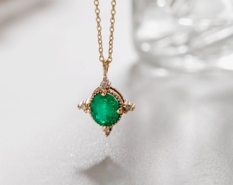 14K 18K Solid Gold Round Cut Genuine Emerald and Diamond Necklace, Bezel Dainty Pendant Necklace,  Muzo Green Round Necklace, May Birthstone