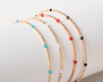 Minimalist Stacking Bangle, 14K Solid Gold Gemstone Station Bracelet, 1.5 mm Diamond Cut Bead Ball Bangle