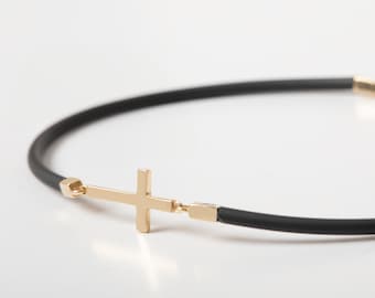 14K REAL Gold Sideways Cross Rubber Cord Bracelet, Modern Christian Cross Charm Bracelet