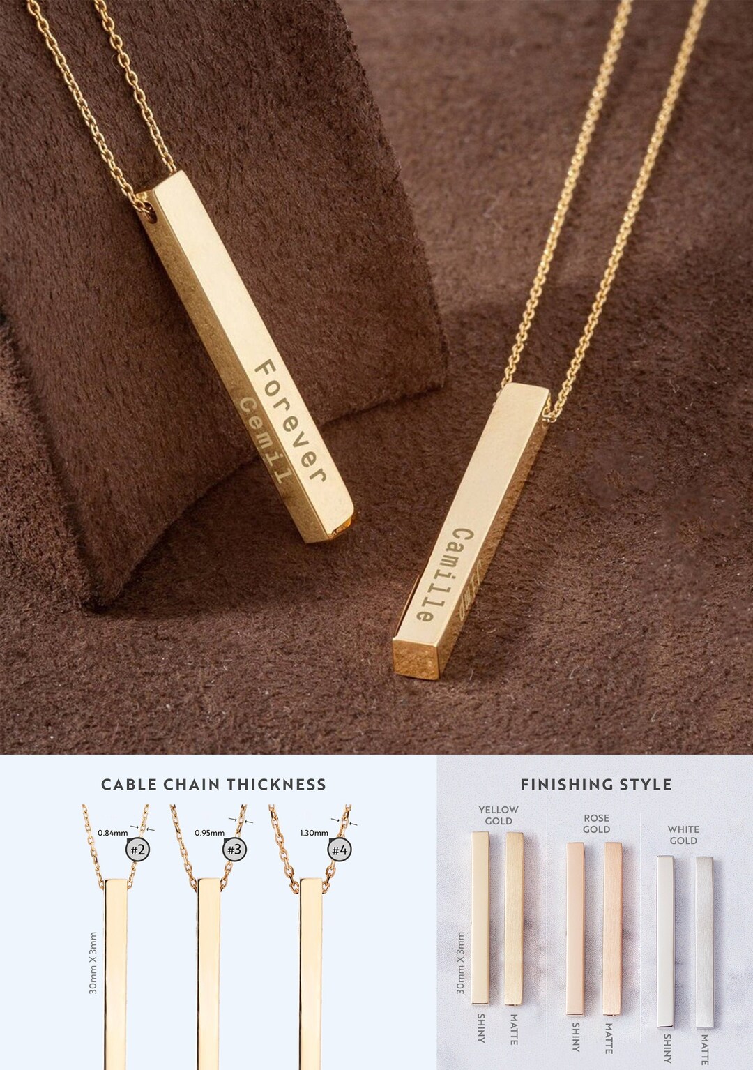 14K 18k Real Gold Personalized Vertical 3 Cm Bar Necklace 4 Etsy