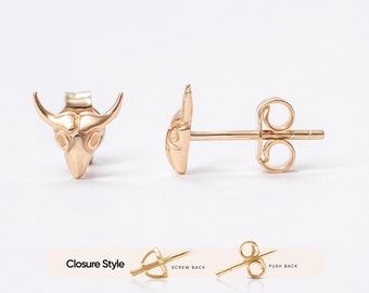 14k Solid Gold Bull Minimalist Stud Earrings, Longhorn Bull Skull Dainty Earrings, Minimal Bull Head Real Gold Earring Gift For Her