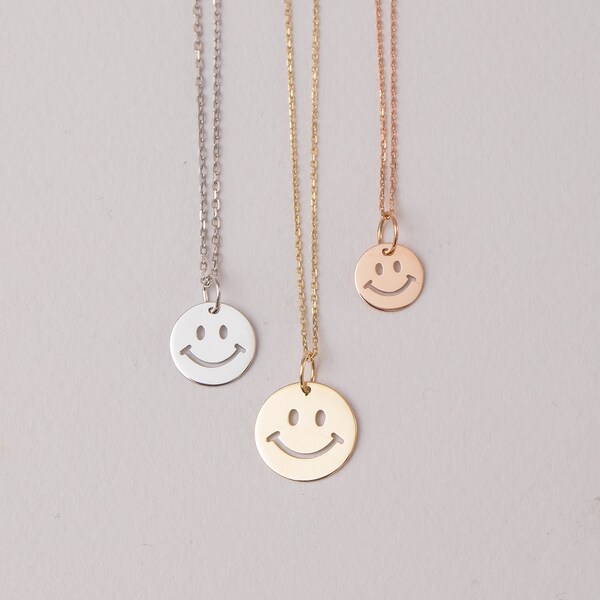 14K 18K Solid Custom Cutout Disk Necklace, Smiley Face Cutout Disk Pendant, Real Gold Multi Size Cute Happy Face Necklace, New Born Gift