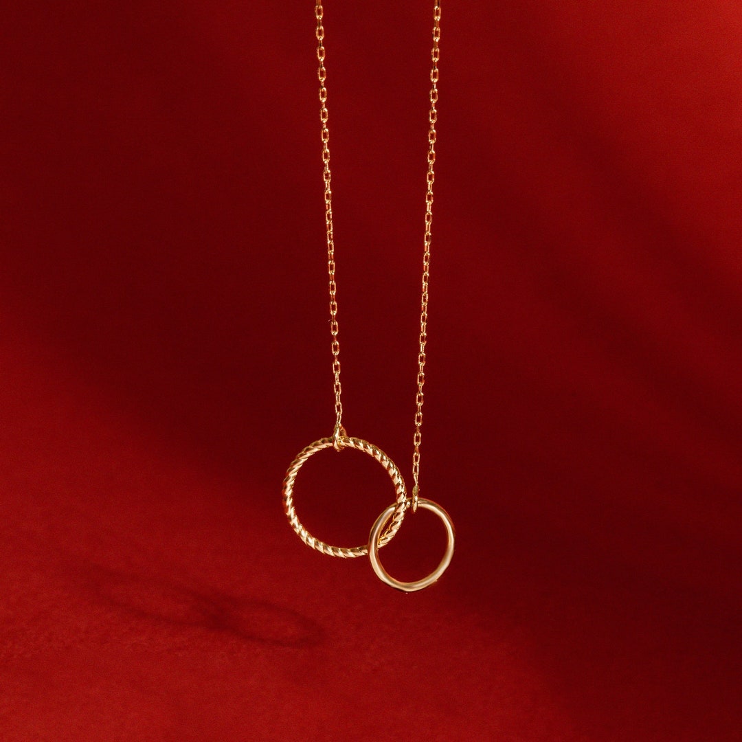 14K 18K Solid Gold Eternity Circle Necklace, Dainty Double Open Circle