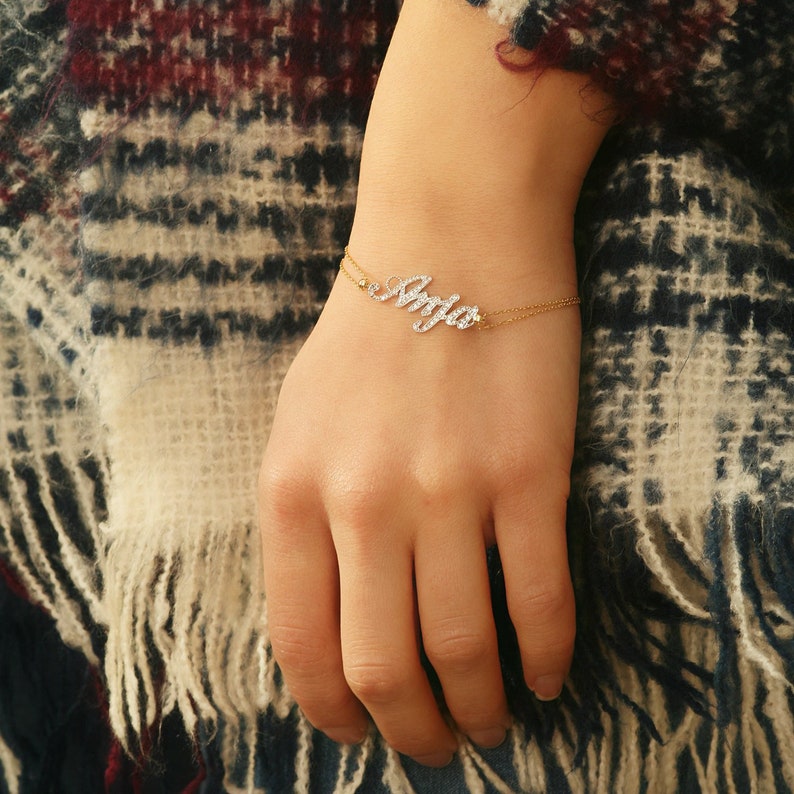 Diamond Personalized Name Gold Bracelet 14k Solid Gold Name Etsy