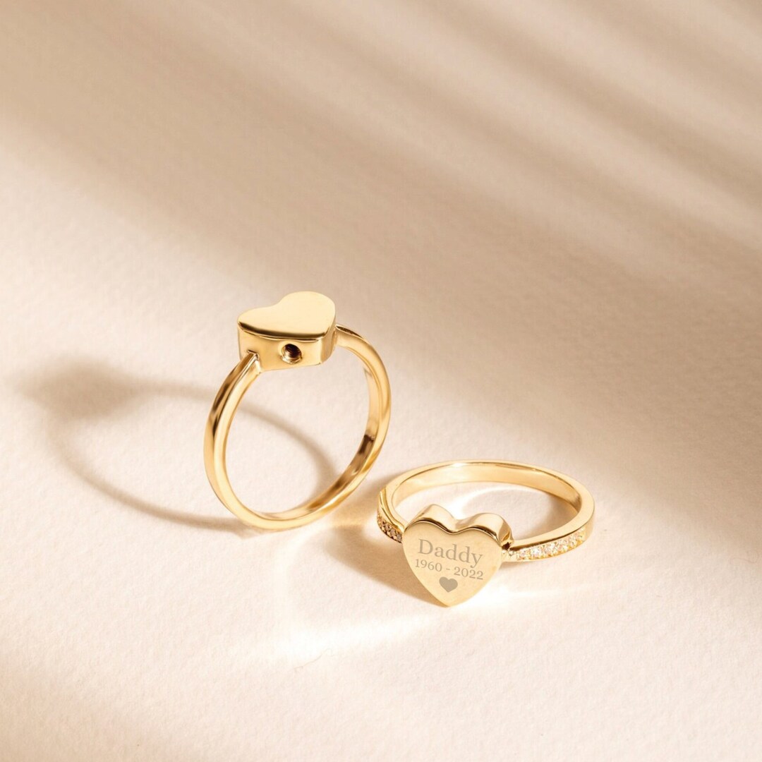 Custom Engrave Memorial Heart Urn Ring, Heart Shaped Mourning Ring,