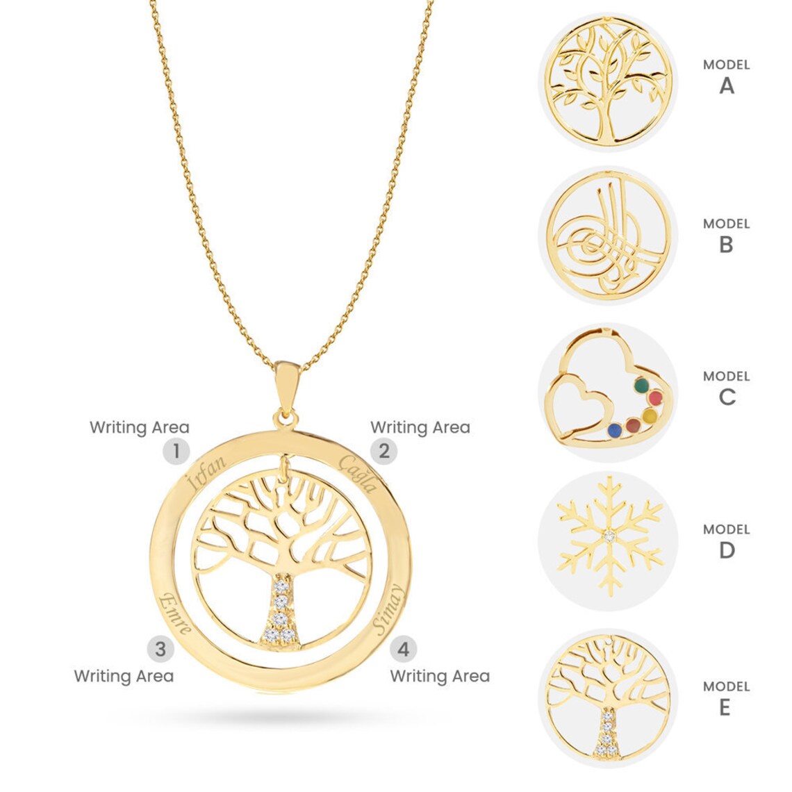 14k Solid Gold Family Tree Necklace Dainty Personalized Etsy