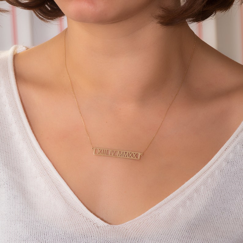 14k 18k Solid Gold Custom Roman Numeral Necklace, Personalized Wedding Keepsake Date Coordinates Necklace, Horizontal Necklace Gift for Her image 9