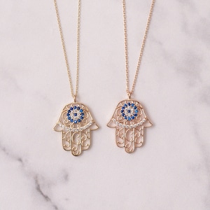 Evil Eye Hamsa Necklace, Evil Eye Fatima Hand 14k 18k Solid Gold Necklace, Fatima Hamsa Cz Evil Eye Gold Pendant Necklace Great Gift For Her