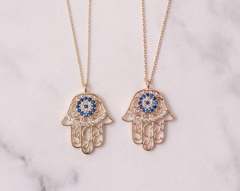 Evil Eye Hamsa Necklace, Evil Eye Fatima Hand 14k 18k Solid Gold Necklace, Fatima Hamsa Cz Evil Eye Gold Pendant Necklace Great Gift For Her