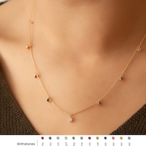 14k Solid Gold Custom Family Birthstone Necklace, Station Birthstone necklace in Yellow White or Rose Gold, CZ Birthstone Necklace Gift For