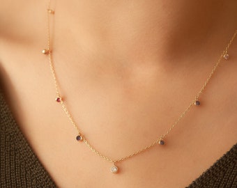 Collar con piedra de nacimiento familiar personalizado en oro macizo de 14 k, collar con piedra de nacimiento de estación en oro amarillo, blanco o rosa, collar con piedra de nacimiento de CZ, regalo para