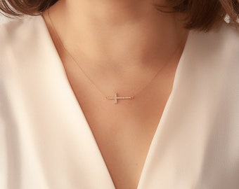 Gold Sideways Cross Necklace with Diamond or Cz, Rose Gold Celebrity Cross Necklace Dainty Cross Choker Mother's Day Gift