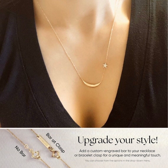 14K Gold Crescent Moon & Star Necklace - Yellow Rose or White Gold 14K Gold Crescent Moon & Star Necklace - Yellow Rose or White Gold