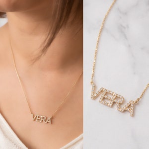 Pave Diamond Custom Name Necklace 14K Solid Gold, Diamond Cz Letter Word Necklace, Personalized Name Gift For Her, Customized Diamond Name