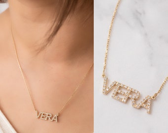 Pave Diamond Custom Name Necklace 14K Solid Gold, Diamond Cz Letter Word Necklace, Personalized Name Gift For Her, Customized Diamond Name