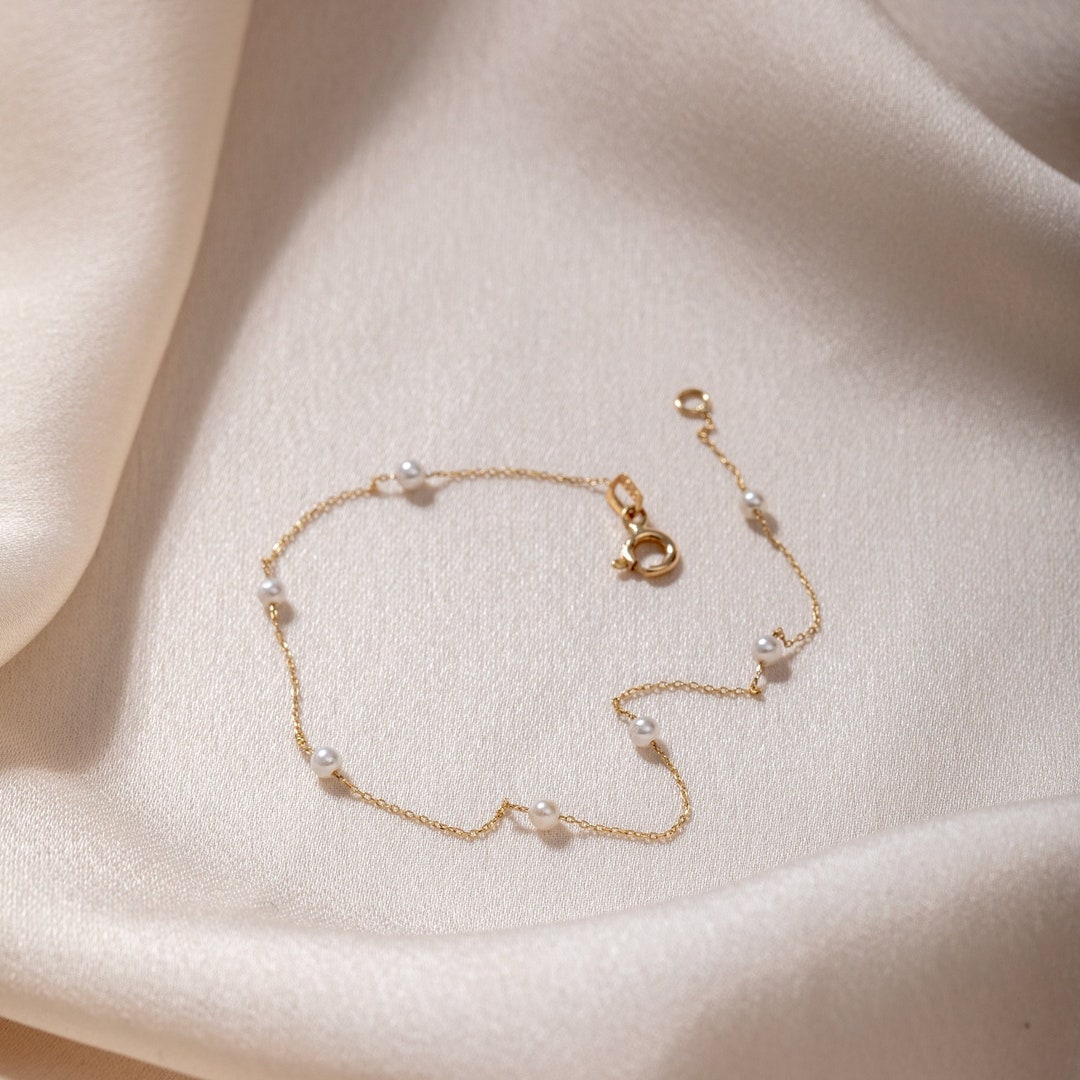 Multi Pearl Bracelet 14k 18k Real Gold, Dainty Real Gold Freshwater ...